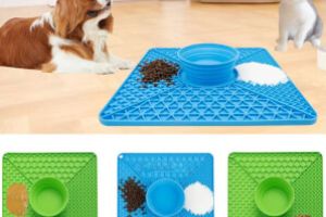 Multiple silicone pet bowls in bright colors with printed pet brand logos